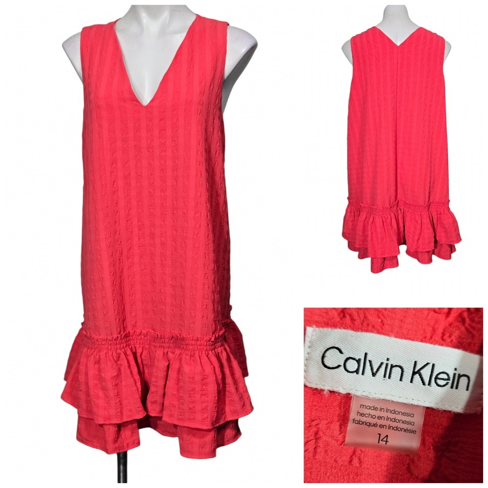 Calvin Klein dress 14 Coral Pink V-Neck Ruffle Hem Textured Shift office party